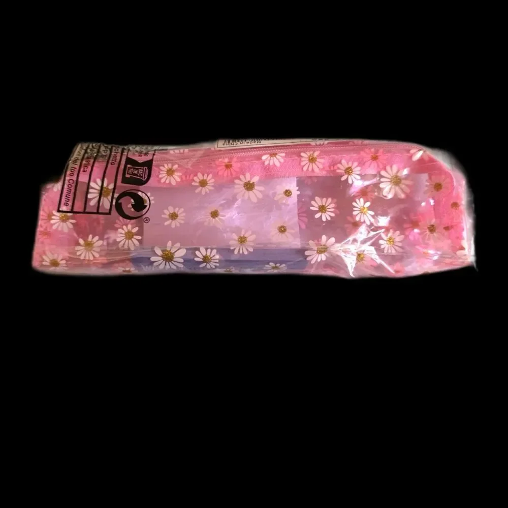 Transparent pink daisy-patterned zippered pencil case or makeup pouch.